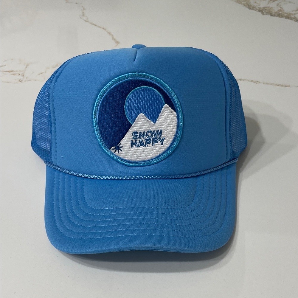 NWT Friday Feelin SNOW HAPPY Blue Trucker Hat